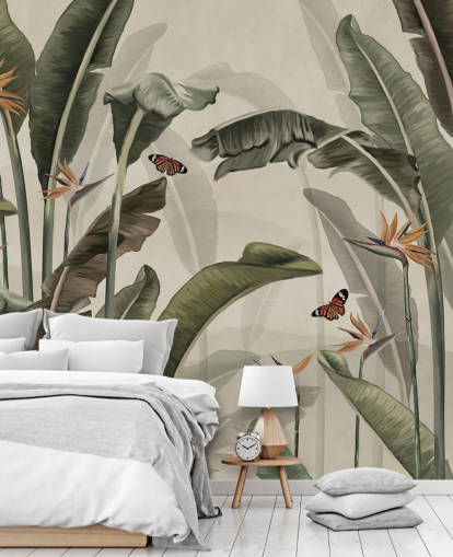 green palm tree wallpaper called Palm Trees and Butterflies Green at Wallsauce for bedrooms, living rooms and kitchens green palm tree wallpaper called Palm Trees and Butterflies Green at Wallsauce for bedrooms, living rooms and kitchens