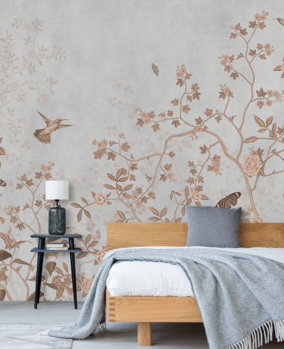 mural de papel de parede cinza da selva chamado Grey Birds and Butterflies at Wallsauce para corredores, banheiros e salas de jantar