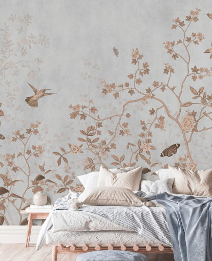 grå djungel tapetväggmålning som heter Grey Birds and Butterflies på Wallsauce för hallar, badrum och matsalar