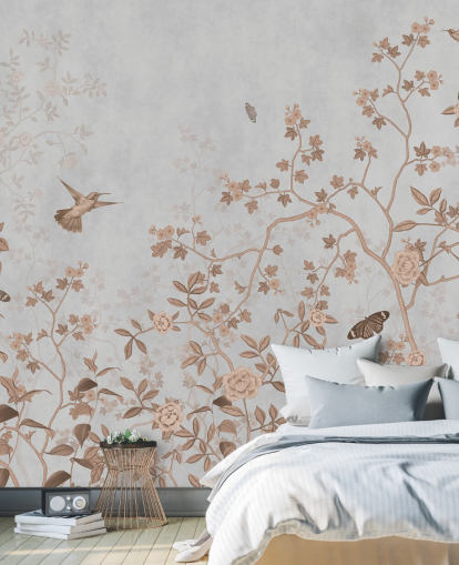 grey jungle wallpaper mural called Grey Birds and Butterflies at Wallsauce for hallways, bathrooms and dining rooms