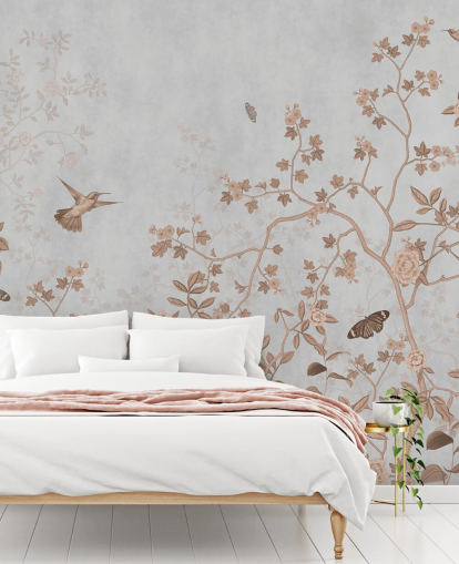 papier peint mural de la jungle grise appelé Grey Birds and Butterflies at Wallsauce pour les couloirs, les salles de bains et les salles à manger