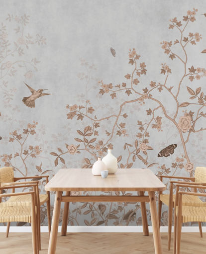 grå jungle tapetmaleri kaldet Grey Birds and Butterflies på Wallsauce til gange, badeværelser og spisestuer