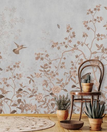 grå jungle tapetmaleri kaldet Grey Birds and Butterflies på Wallsauce til gange, badeværelser og spisestuer grå jungle tapetmaleri kaldet Grey Birds and Butterflies på Wallsauce til gange, badeværelser og spisestuer