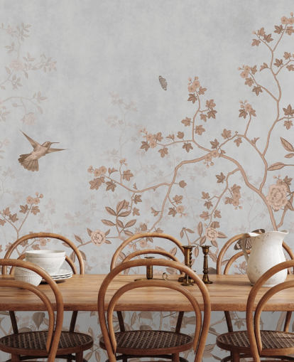 gray jungle wallpaper mural called Gray Birds and Butterflies at Wallsauce for hallways, bathrooms and dining rooms