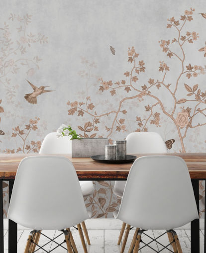 grijze jungle muurschildering genaamd Grey Birds and Butterflies at Wallsauce voor gangen, badkamers en eetkamers