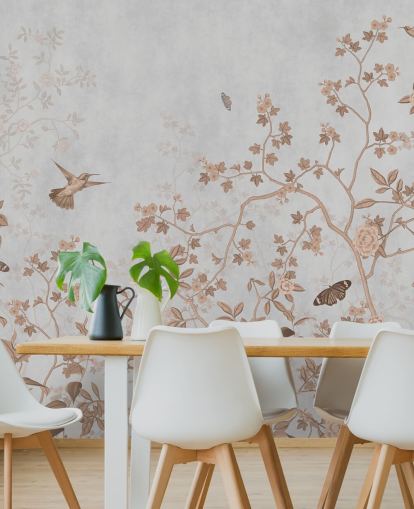 mural de papel de parede cinza da selva chamado Grey Birds and Butterflies at Wallsauce para corredores, banheiros e salas de jantar