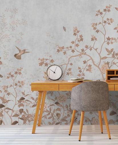 carta da parati murale con giungla grigia chiamata Grey Birds and Butterflies at Wallsauce per corridoi, bagni e sale da pranzo