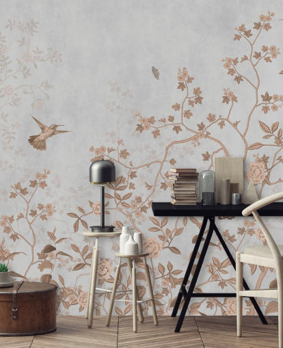 grå jungle tapetmaleri kaldet Grey Birds and Butterflies på Wallsauce til gange, badeværelser og spisestuer