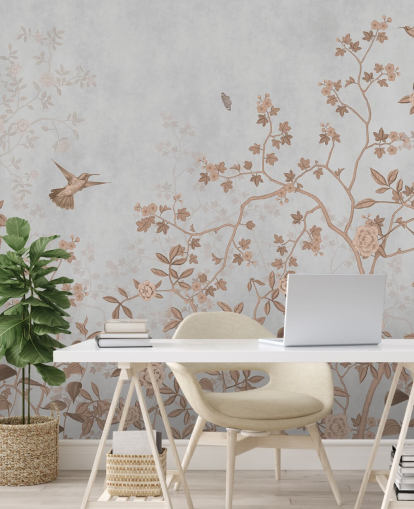 papier peint mural de la jungle grise appelé Grey Birds and Butterflies at Wallsauce pour les couloirs, les salles de bains et les salles à manger