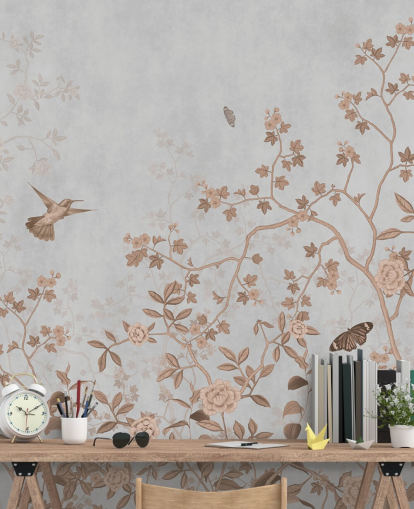 grey jungle wallpaper mural called Grey Birds and Butterflies at Wallsauce for hallways, bathrooms and dining rooms