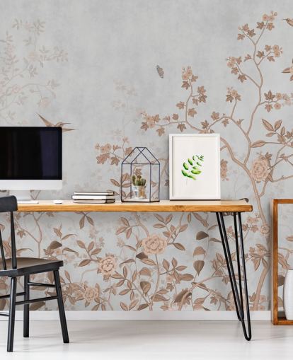 grey jungle wallpaper mural called Grey Birds and Butterflies at Wallsauce for hallways, bathrooms and dining rooms