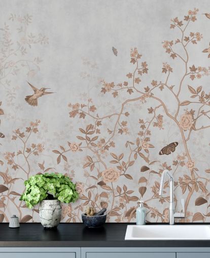 carta da parati murale con giungla grigia chiamata Grey Birds and Butterflies at Wallsauce per corridoi, bagni e sale da pranzo