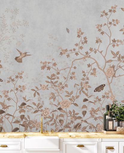 grå djungel tapetväggmålning som heter Grey Birds and Butterflies på Wallsauce för hallar, badrum och matsalar