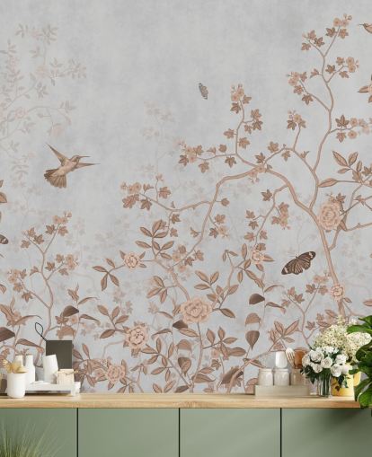 grijze jungle muurschildering genaamd Grey Birds and Butterflies at Wallsauce voor gangen, badkamers en eetkamers