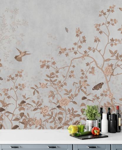 Graue Dschungel-Tapete mit dem Titel Grey Birds and Butterflies at Wallsauce für Flure, Badezimmer und Esszimmer Graue Dschungel-Tapete mit dem Titel Grey Birds and Butterflies at Wallsauce für Flure, Badezimmer und Esszimmer