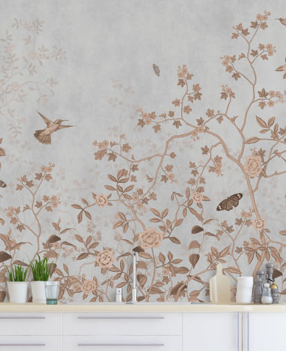 papier peint mural de la jungle grise appelé Grey Birds and Butterflies at Wallsauce pour les couloirs, les salles de bains et les salles à manger