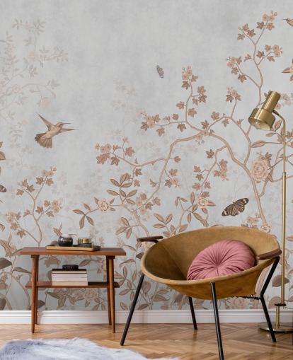 mural de papel de parede cinza da selva chamado Grey Birds and Butterflies at Wallsauce para corredores, banheiros e salas de jantar mural de papel de parede cinza da selva chamado Grey Birds and Butterflies at Wallsauce para corredores, banheiros e salas de jantar