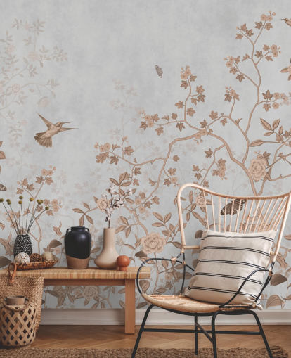 grey jungle wallpaper mural called Grey Birds and Butterflies at Wallsauce for hallways, bathrooms and dining rooms grey jungle wallpaper mural called Grey Birds and Butterflies at Wallsauce for hallways, bathrooms and dining rooms