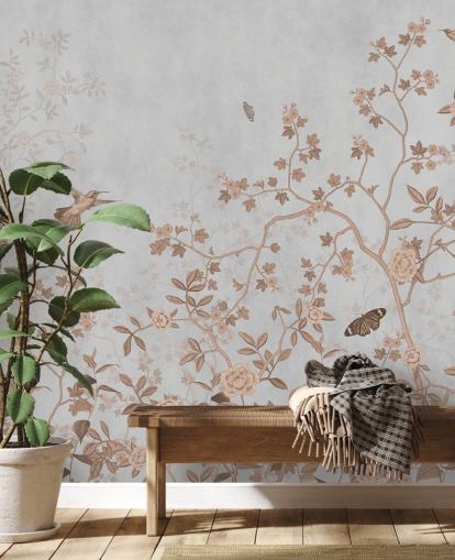 papier peint mural de la jungle grise appelé Grey Birds and Butterflies at Wallsauce pour les couloirs, les salles de bains et les salles à manger