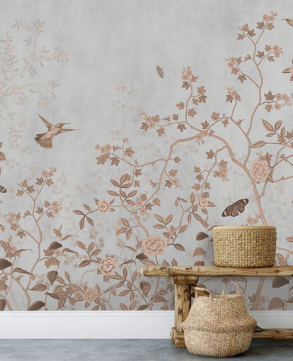 mural de papel de parede cinza da selva chamado Grey Birds and Butterflies at Wallsauce para corredores, banheiros e salas de jantar mural de papel de parede cinza da selva chamado Grey Birds and Butterflies at Wallsauce para corredores, banheiros e salas de jantar