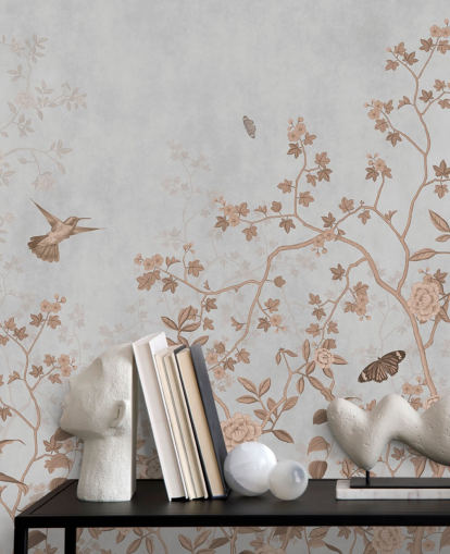 mural de papel pintado gris de la jungla llamado Pájaros grises y mariposas en Wallsauce para pasillos, baños y comedores mural de papel pintado gris de la jungla llamado Pájaros grises y mariposas en Wallsauce para pasillos, baños y comedores