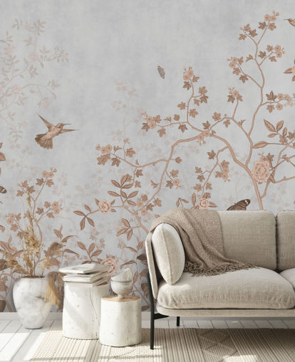 mural de papel de parede cinza da selva chamado Grey Birds and Butterflies at Wallsauce para corredores, banheiros e salas de jantar