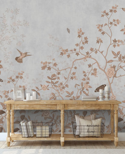 harmaa viidakon taustakuvamaalaus nimeltä Grey Birds and Butterflies Wallsaucessa käytäville, kylpyhuoneille ja ruokasaleille harmaa viidakon taustakuvamaalaus nimeltä Grey Birds and Butterflies Wallsaucessa käytäville, kylpyhuoneille ja ruokasaleille