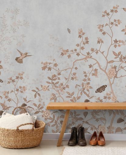 gray jungle wallpaper mural called Gray Birds and Butterflies at Wallsauce for hallways, bathrooms and dining rooms gray jungle wallpaper mural called Gray Birds and Butterflies at Wallsauce for hallways, bathrooms and dining rooms