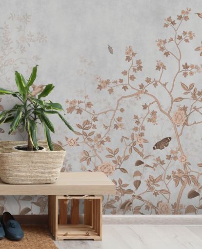 Graue Dschungel-Tapete mit dem Titel Grey Birds and Butterflies at Wallsauce für Flure, Badezimmer und Esszimmer