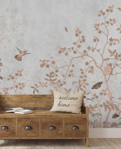 carta da parati murale con giungla grigia chiamata Grey Birds and Butterflies at Wallsauce per corridoi, bagni e sale da pranzo