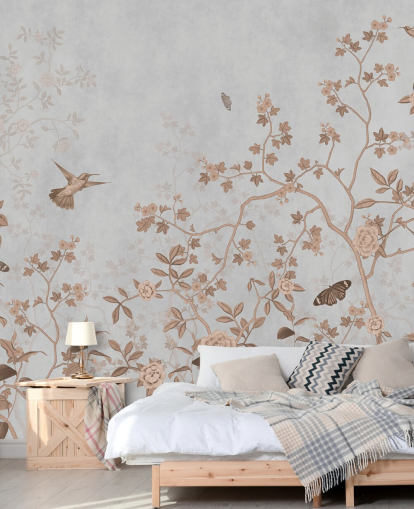 mural de papel pintado gris de la jungla llamado Pájaros grises y mariposas en Wallsauce para pasillos, baños y comedores