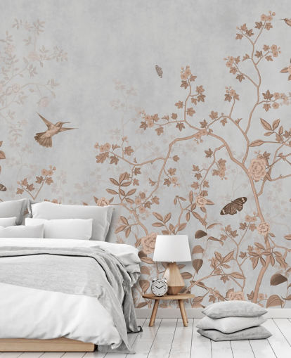 grå djungel tapetväggmålning som heter Grey Birds and Butterflies på Wallsauce för hallar, badrum och matsalar