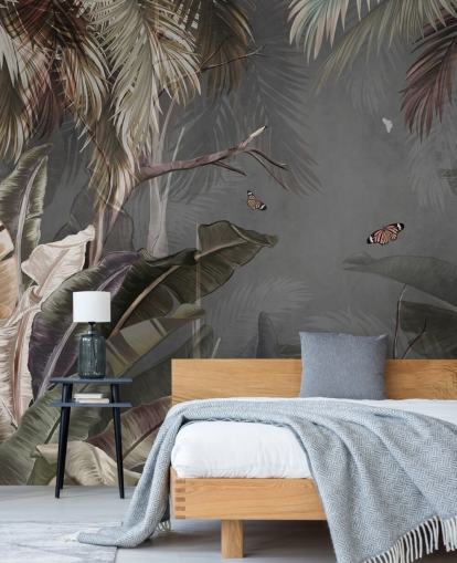 grå tropisk tapetmaleri kaldet Tropical Forest and Butterflies Grey på Wallsauce til soveværelser og stuer