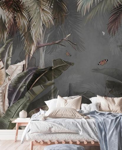gray tropical wallpaper mural called Tropical Forest and Butterflies Gray at Wallsauce for bedrooms and living rooms gray tropical wallpaper mural called Tropical Forest and Butterflies Gray at Wallsauce for bedrooms and living rooms