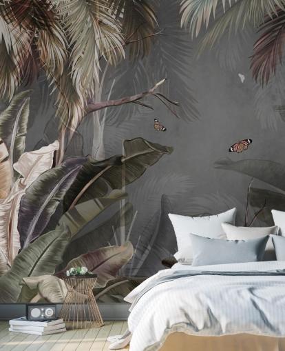 gray tropical wallpaper mural called Tropical Forest and Butterflies Gray at Wallsauce for bedrooms and living rooms