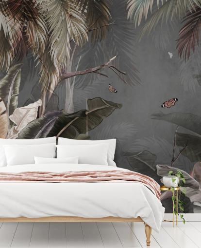 papier peint mural tropical gris appelé Tropical Forest and Butterflies Grey chez Wallsauce pour les chambres et les salons