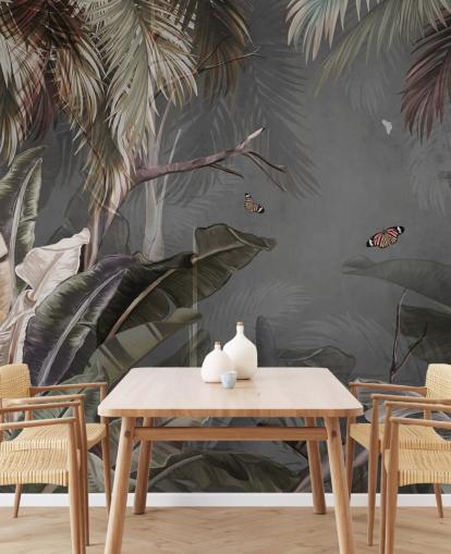 grått tropisk tapetmaleri kalt Tropical Forest and Butterflies Grey på Wallsauce for soverom og stuer
