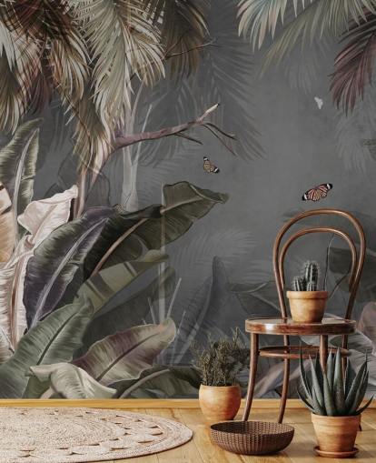 papier peint mural tropical gris appelé Tropical Forest and Butterflies Grey chez Wallsauce pour les chambres et les salons