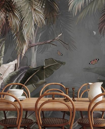 carta da parati murale tropicale grigia chiamata Tropical Forest and Butterflies Grey at Wallsauce per camere da letto e salotti