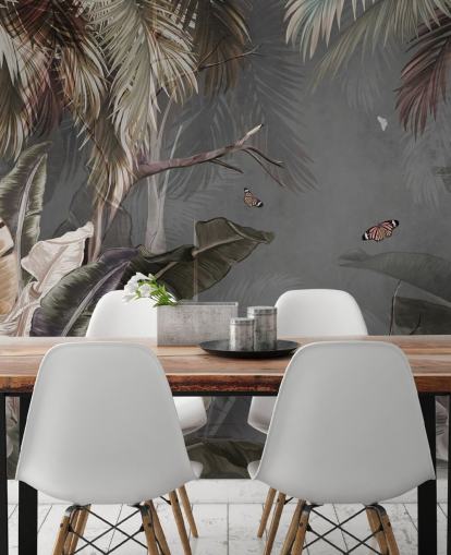 mural de papel de parede tropical cinza chamado Tropical Forest and Butterflies Grey at Wallsauce para quartos e salas de estar