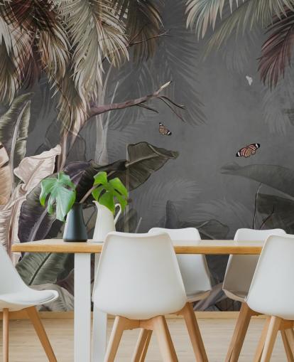 grå tropisk tapetväggmålning kallad Tropical Forest and Butterflies Grey på Wallsauce för sovrum och vardagsrum