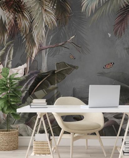 papier peint mural tropical gris appelé Tropical Forest and Butterflies Grey chez Wallsauce pour les chambres et les salons