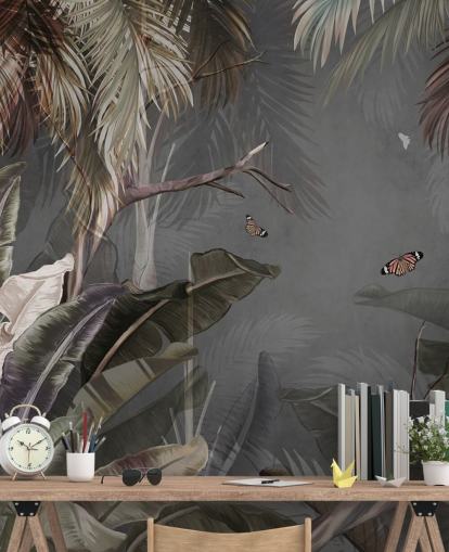 grey tropical wallpaper mural called Tropical Forest and Butterflies Grey at Wallsauce for bedrooms and living rooms grey tropical wallpaper mural called Tropical Forest and Butterflies Grey at Wallsauce for bedrooms and living rooms