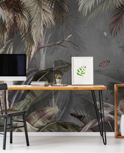 grå tropisk tapetmaleri kaldet Tropical Forest and Butterflies Grey på Wallsauce til soveværelser og stuer grå tropisk tapetmaleri kaldet Tropical Forest and Butterflies Grey på Wallsauce til soveværelser og stuer