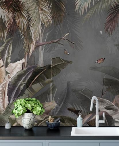 mural de papel pintado tropical gris llamado Bosque tropical y mariposas grises en Wallsauce para dormitorios y salas de estar mural de papel pintado tropical gris llamado Bosque tropical y mariposas grises en Wallsauce para dormitorios y salas de estar