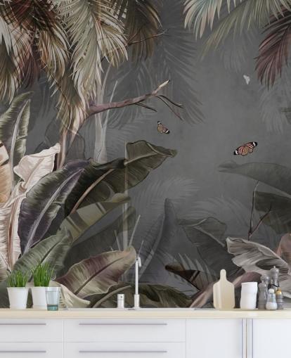 carta da parati murale tropicale grigia chiamata Tropical Forest and Butterflies Grey at Wallsauce per camere da letto e salotti carta da parati murale tropicale grigia chiamata Tropical Forest and Butterflies Grey at Wallsauce per camere da letto e salotti