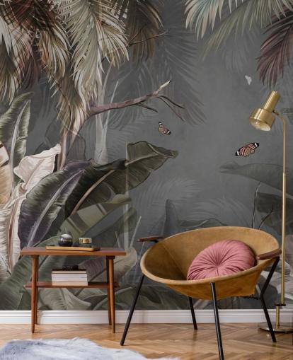 papier peint mural tropical gris appelé Tropical Forest and Butterflies Grey chez Wallsauce pour les chambres et les salons