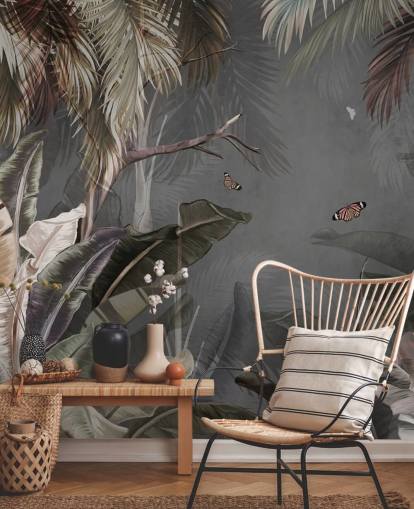 harmaa trooppinen taustakuvamaalaus nimeltä Tropical Forest and Butterflies Grey Wallsaucessa makuuhuoneisiin ja olohuoneisiin harmaa trooppinen taustakuvamaalaus nimeltä Tropical Forest and Butterflies Grey Wallsaucessa makuuhuoneisiin ja olohuoneisiin