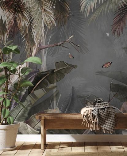 mural de papel de parede tropical cinza chamado Tropical Forest and Butterflies Grey at Wallsauce para quartos e salas de estar mural de papel de parede tropical cinza chamado Tropical Forest and Butterflies Grey at Wallsauce para quartos e salas de estar