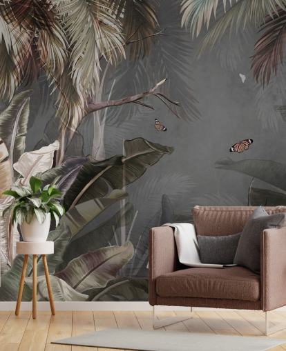 gray tropical wallpaper mural called Tropical Forest and Butterflies Gray at Wallsauce for bedrooms and living rooms